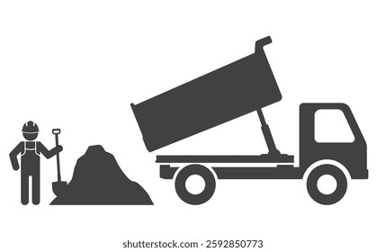 dump truck car near worker man load ground soil with shovel icon