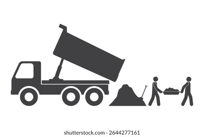 dump truck car and workers carry ground soil with stretcher icon