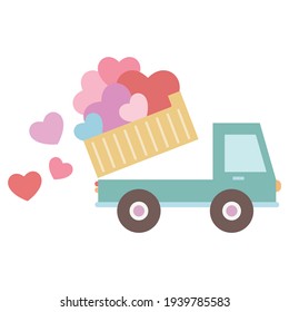 Dump truck carrying hearts vector illustration cartoon. Valentine vector pastel cartoon.