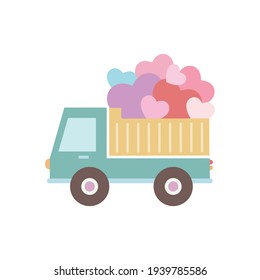 Dump truck carrying hearts vector illustration cartoon. Valentine vector pastel cartoon.