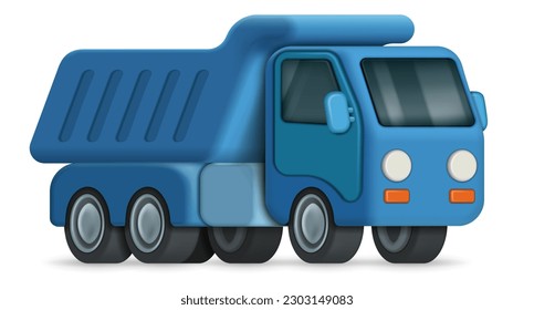 Dump truck in cartoon 3d style. Heavy industrial machine to transport sand and crushed stone or construction materials, industry, Tipper rendering, vector illustration dumper