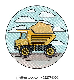 dump truck in circular frame with cloud landscape on color crayon silhouette vector illustration