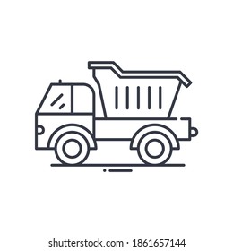 Dump truck concept icon, linear isolated illustration, thin line vector, web design sign, outline concept symbol with editable stroke on white background.