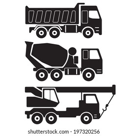 Dump truck. Concrete mixer truck. Truck crane. Black silhouette on white background. Construction Icon or sign set.  Vector Illustration. 