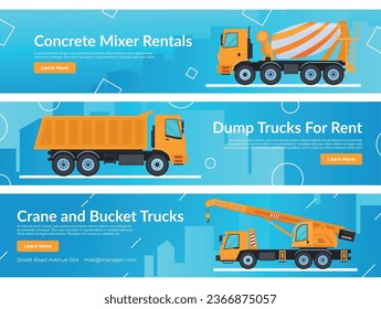 Dump truck concrete mixer crane and bucket for rent landing page internet promo banner set vector flat illustration. Industrial construction vehicle transportation equipment commercial business offer