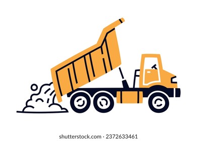 Camión volcado como equipo de construcción y máquina pesada para la ilustración de vectores de trabajo industrial
