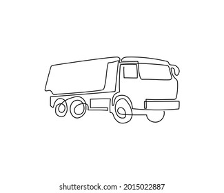 Dump truck continuous line drawing. One line art of commercial vehicle, lorry.