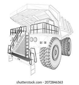 Dump truck contour from black lines isolated on white background. Perspective view. 3D. Vector illustration