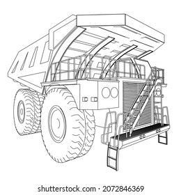 Dump truck contour from black lines isolated on white background. Perspective view. 3D. Vector illustration