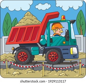 Dump truck with driver, construction worker. Vector cartoon for kids. Small funny vector cute car with man. Children vector illustration. Construction machinery.