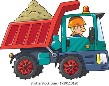 Dump truck with driver, construction worker. Vector cartoon for kids. Small funny vector cute car with man. Children vector illustration. Construction machinery.