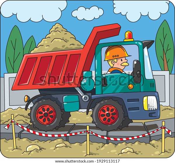 Dump truck with driver,\
construction worker. Vector cartoon for kids. Small funny vector\
cute car with man. Children vector illustration. Construction\
machinery.