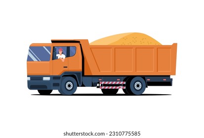 Camión volcado con conductor cargado de arena. Ilustración vectorial.