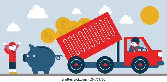 A dump truck drops a lot of coins inside a piggybank that belongs to a businesswoman