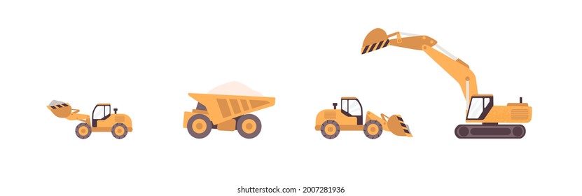 Dump truck, excavator, bulldozer, and backhoe isolated on white. Set of tracked and wheeled building machinery with digging buckets. Colored flat vector illustration of heavy industrial equipment.