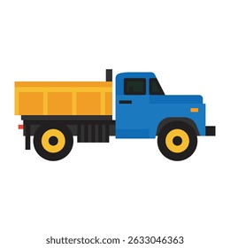 Caminhão de descarga, ícone plano. Veículo de construção pesado em cores azuis e amarelas, vista lateral. Elemento infográfico para ilustrações de construção, mineração ou industriais e com temática logística.