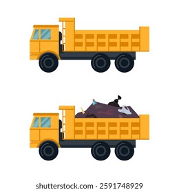 Dump truck flat icons. Empty lorry and car with an open-box bed filled with garbage. Designs for environmental, construction, transportation graphics. Vector illustration isolated on white background.