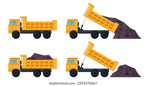 Dump truck flat icons. Empty dumper, filled with ground and unloading. Flat vector dumpsters for construction, industrial or transportation graphics. Cartoon big yellow tippers.