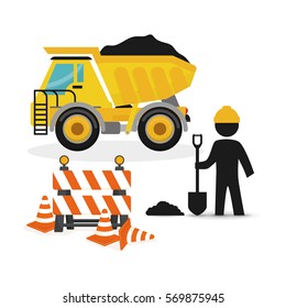 dump truck full barrier cone road and worker shovel vector illustration eps 10