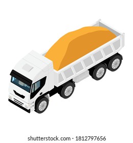 Dump truck full of grit sand isolated on white background. Isometric view