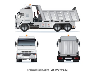 Dump truck heavy pickup vehicle from various angles set vector illustration