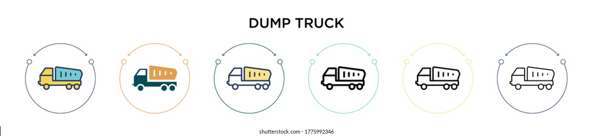 Dump truck icon in filled, thin line, outline and stroke style. Vector illustration of two colored and black dump truck vector icons designs can be used for mobile, ui, web