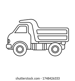 Dump truck icon. Side view. Black contour silhouette. Cartoon coloring. Vector linear flat graphic illustration. Isolated object on a white background. Isolate.