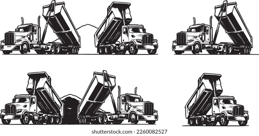 Dump Truck icons. Hand drawn sketch. Black and white illustration.