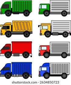 Ilustração de caminhão de descarga para transporte de carga, Conjunto de ícone de transporte, Vetor, Cartoon Style Truck