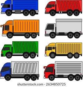 Ilustração de caminhão de descarga para transporte de carga, Conjunto de ícone de transporte, Vetor, Cartoon Style Truck