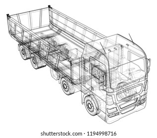 Dump truck isolated. Created illustration of 3d. Wire-frame