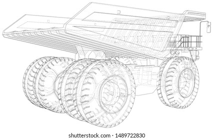 Dump truck isolated. Vector rendering of 3d. Wire-frame style. The layers of visible and invisible lines are separated.