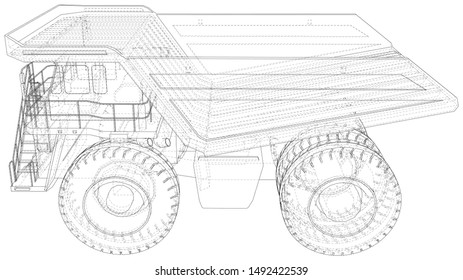 Dump truck isolated. Vector rendering of 3d. Wire-frame style. The layers of visible and invisible lines are separated.