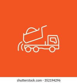 Dump truck line icon for web, mobile and infographics. Vector white icon isolated on red background.