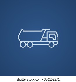 Dump truck line icon for web, mobile and infographics. Vector light blue icon isolated on blue background.