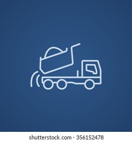 Dump truck line icon for web, mobile and infographics. Vector light blue icon isolated on blue background.