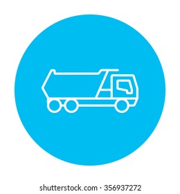 Dump truck line icon for web, mobile and infographics. Vector white icon on the light blue circle isolated on white background.