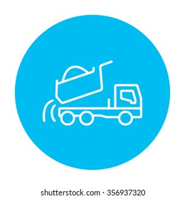 Dump truck line icon for web, mobile and infographics. Vector white icon on the light blue circle isolated on white background.