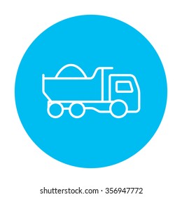 Dump truck line icon for web, mobile and infographics. Vector white icon on the light blue circle isolated on white background.