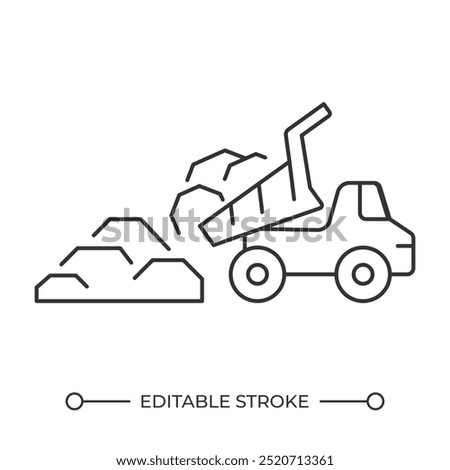 Dump truck linear icon. Heavy equipment for construction. Unloading materials. Transportation. Earthmoving. Thin line illustration. Contour symbol. Vector outline drawing. Editable stroke