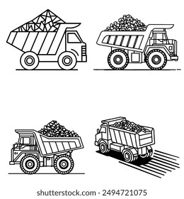 A dump truck loaded with crushed rock. Vector set of monochrome sketches in line art style