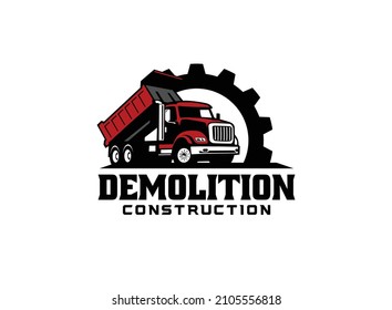 Vector de logotipo de camión volcado para la empresa de construcción. Ilustración vectorial de la plantilla de equipo de vehículos para su marca.