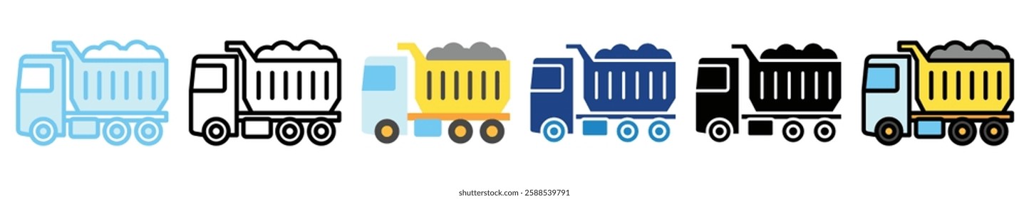 Dump Truck multi style, mini illustration icon. outline, flat, glyph, line color, UI, UX, app and web, digital or print. related to heavy machinery, industry, road construction theme