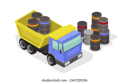 Dump truck is near cylindrical containers, barrels with bulk or liquid materials. Loading process of drums into heavy dumper, lorry for transportation. Vector isometric illustration on white.