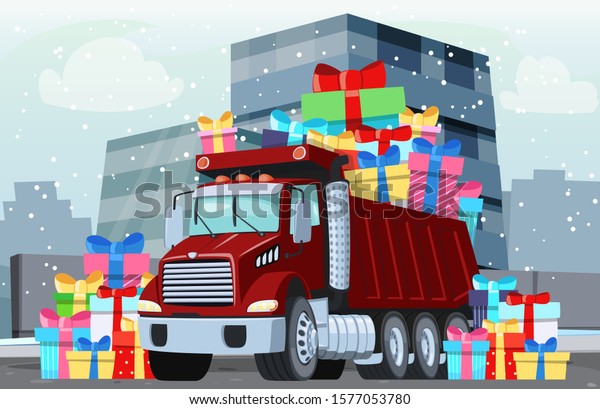 dump truck on the background of a\
winter cityscape unloading Christmas presents. Gift boxes next to\
the red truck. Holiday card. New Year s toy for the\
boy.