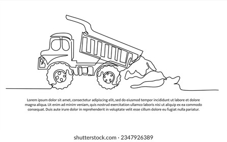 Dump truck one continuous line design. Construction transport symbol vector. Decorative elements drawn on a white background.