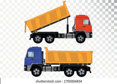 Dump truck. Open body dump truck. Construction truck. Transportation of construction materials. Transportation of bulk materials. Vector illustration on a transparent background.