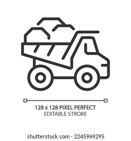 Dump truck pixel perfect linear icon. Dumper lorry. Heavy materials transportation. Vehicle. Coal mining industry. Thin line illustration. Contour symbol. Vector outline drawing. Editable stroke