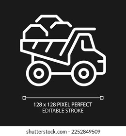 Dump truck pixel perfect white linear icon for dark theme. Dumper lorry. Heavy materials transportation. Coal mining. Thin line illustration. Isolated symbol for night mode. Editable stroke