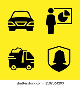 dump truck, presentation, security and car vector icon set. Sample icons set for web and graphic design